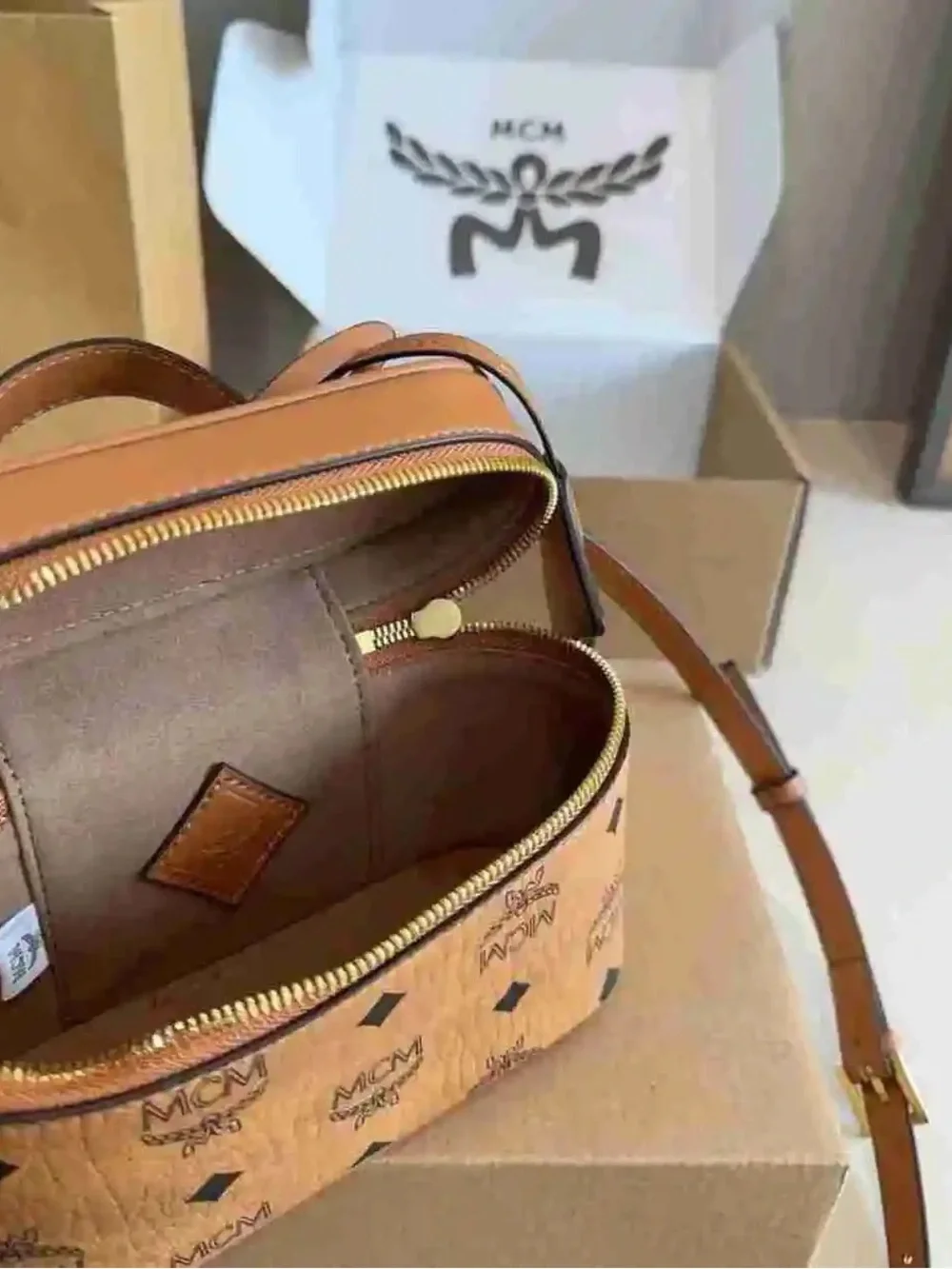 MCM Cognac Visetos Mini Vanity Crossbody with Gold Hardware